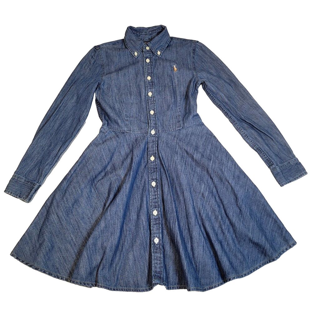 Girls Polo Ralph Lauren Fit & Flare Denim Cotton Shirt Dress. Size 10 No Belt